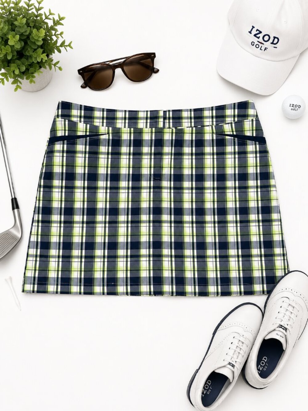 IZOD Golf Plaid Skort Women’s Size 16 Navy Green Athletic Golf Skort